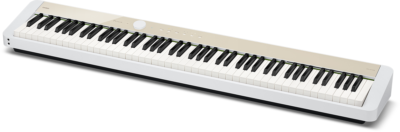 O piano digital Privia PX-S1100MB bege claro com link para a página do produto.