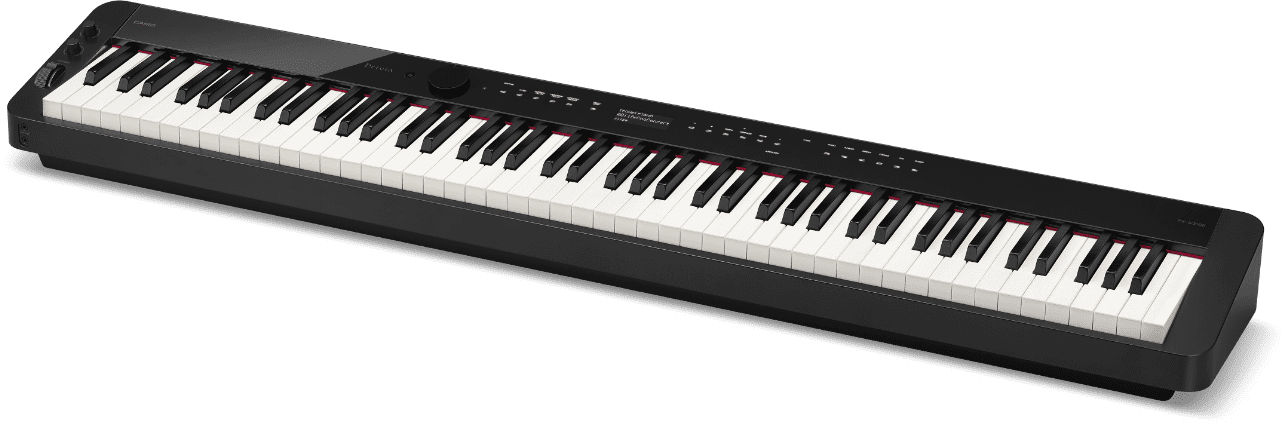 O piano digital Privia PX-S3100BK preto com link para a página do produto.