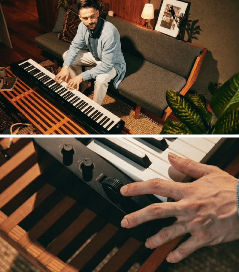 Acima: Um jovem sentado num sofá a tocar o piano digital Privia PX-S3100BK, que está em frente a ele sobre uma mesa de sala. Em baixo: grande plano de uma mão a rodar a roda de pitch bend do Privia PX-S3100.