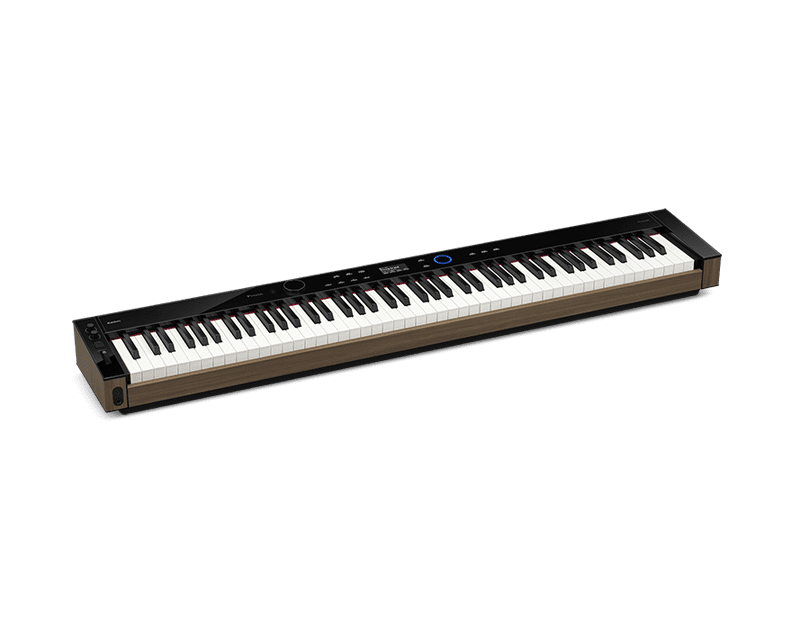 O piano digital PX-S6000 em preto brilhante com veios de nogueira. A imagem está ligada à página do produto.