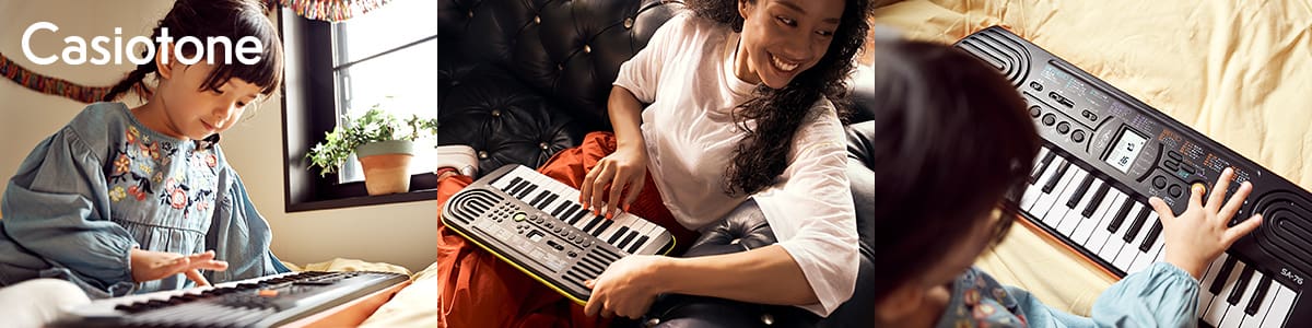 Colagem de três pessoas de diferentes idades a aprender a tocar com os mini teclados CASIO