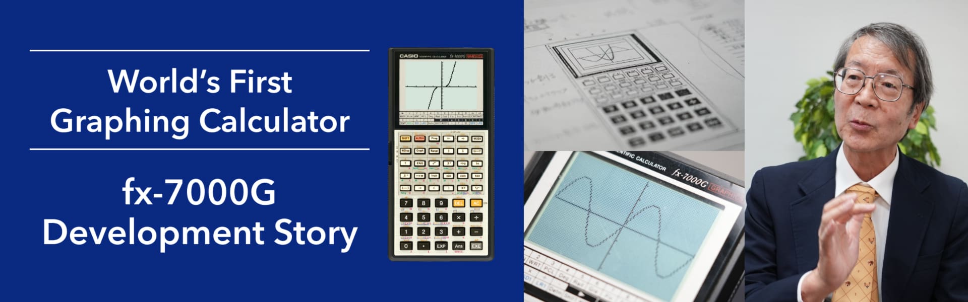 O programador Hiroyuki Yoshino ao lado da calculadora gráfica fx-7000G da CASIO