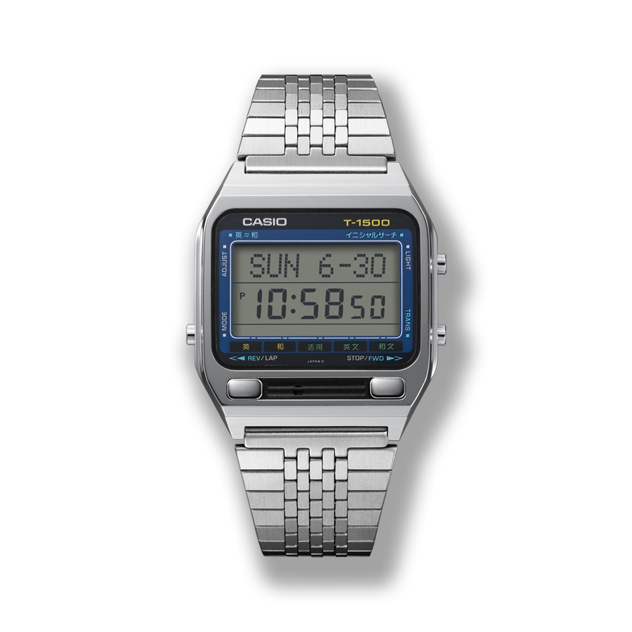 O relógio de pulso T-1500 da CASIO com bracelete prateada e mostrador digital retangular