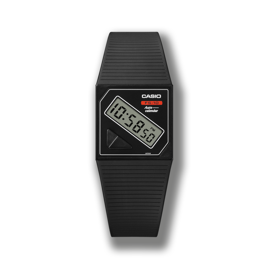 O relógio de pulso DBC-60 em preto com caixa dividida em duas partes, na parte superior há um pequeno visor digital e, abaixo, 16 botões para a função de calculadora. 