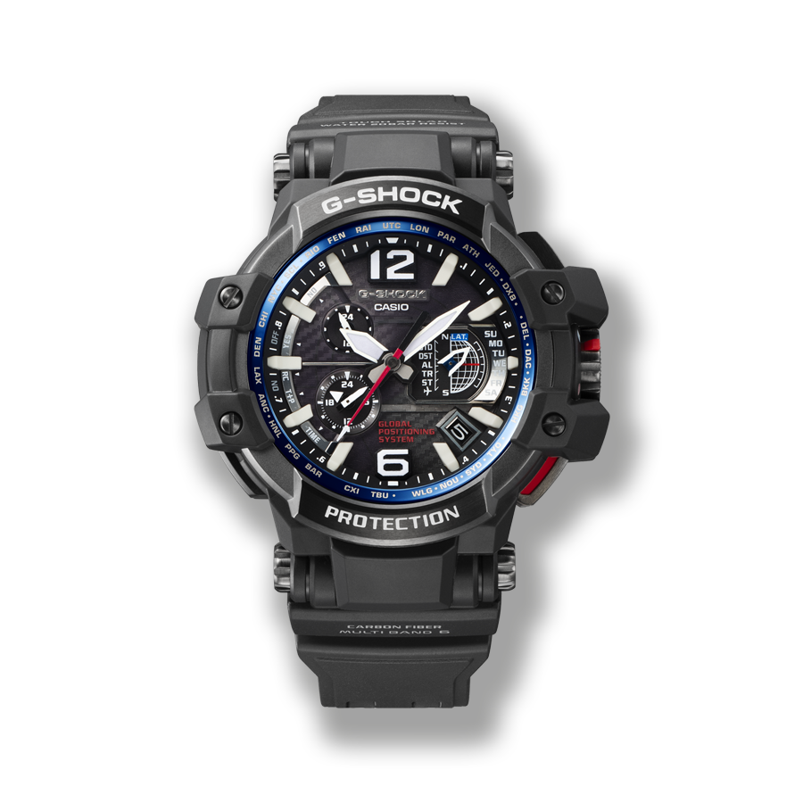 O cronógrafo G-SHOCK GPW-1000 com bracelete em resina cinzenta e detalhes azuis e vermelhos no mostrador.
