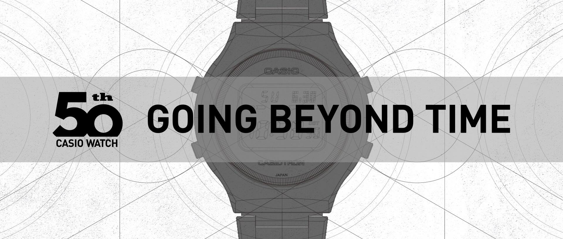 Logótipo do 50.º aniversário dos relógios CASIO, «Going beyond time», com uma ilustração do primeiro relógio CASIO ao fundo.