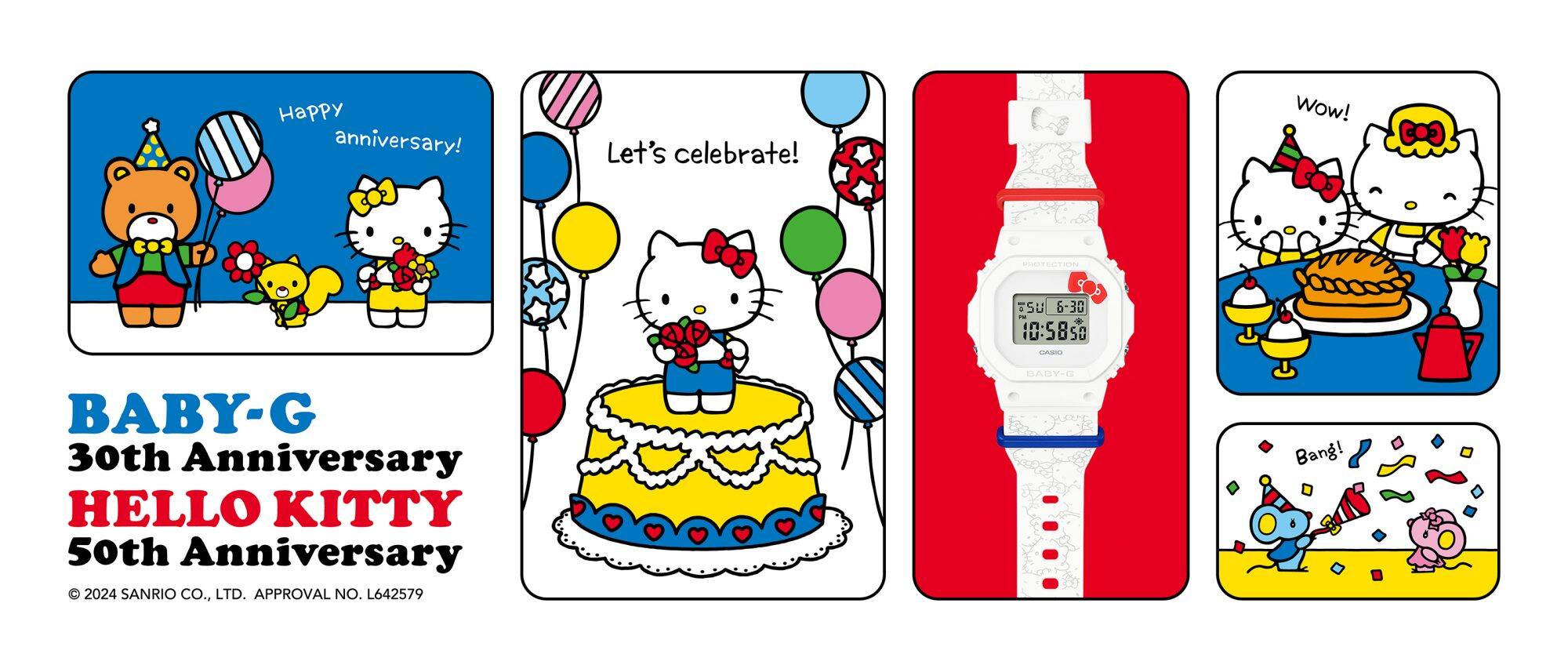 Diferentes cenas de festa com a Hello Kitty, entre elas está o relógio de pulso branco da colaboração com mostrador digital retangular.