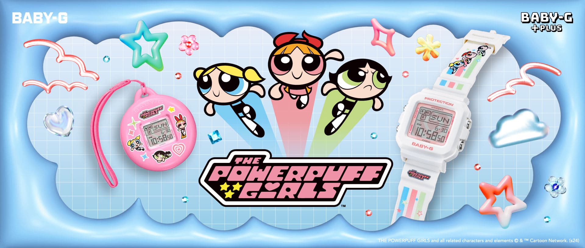 A colaboração Baby-G+PLUS com as Powerpuff Girls em caixa redonda rosa ou pulseira de resina branca com as personagens impressas.