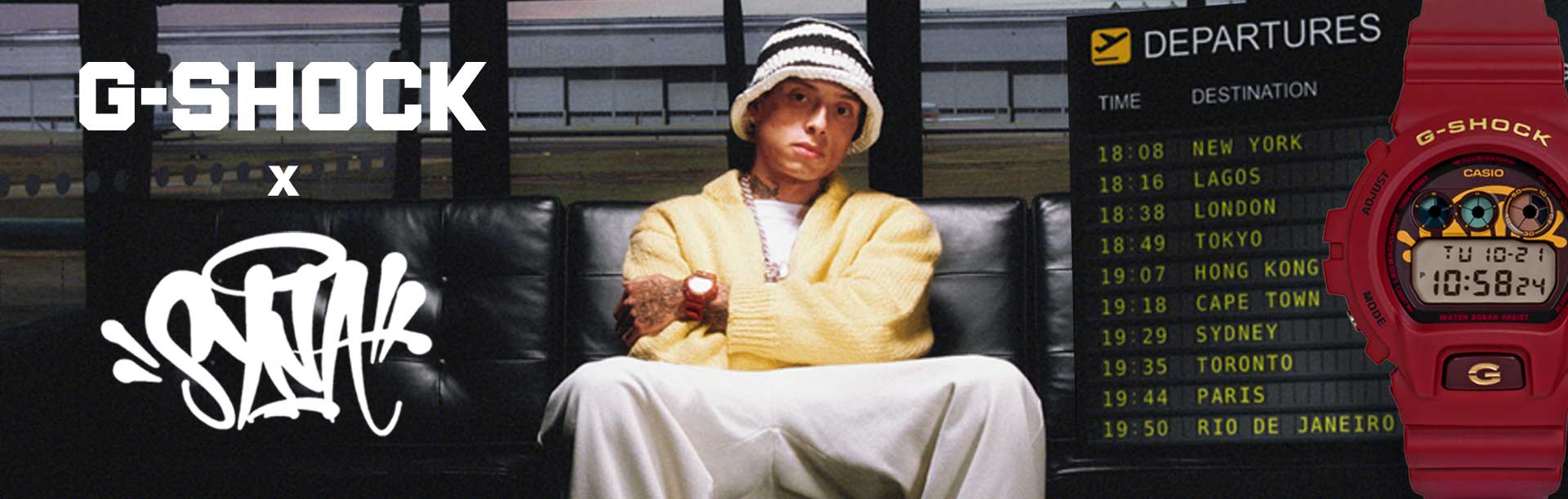 O rapper Central Cee e o relógio colaborativo DW-6900 em vermelho vinho com mostrador digital, caixa redonda e botão frontal. A imagem tem um link para a página de cooperação com Central Cee.