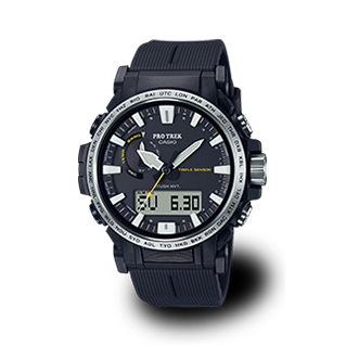 O relógio de pulso preto simples PRW-61 da PRO TREK com caixa com moldura prateada e índices brancos chamativos no mostrador analógico.