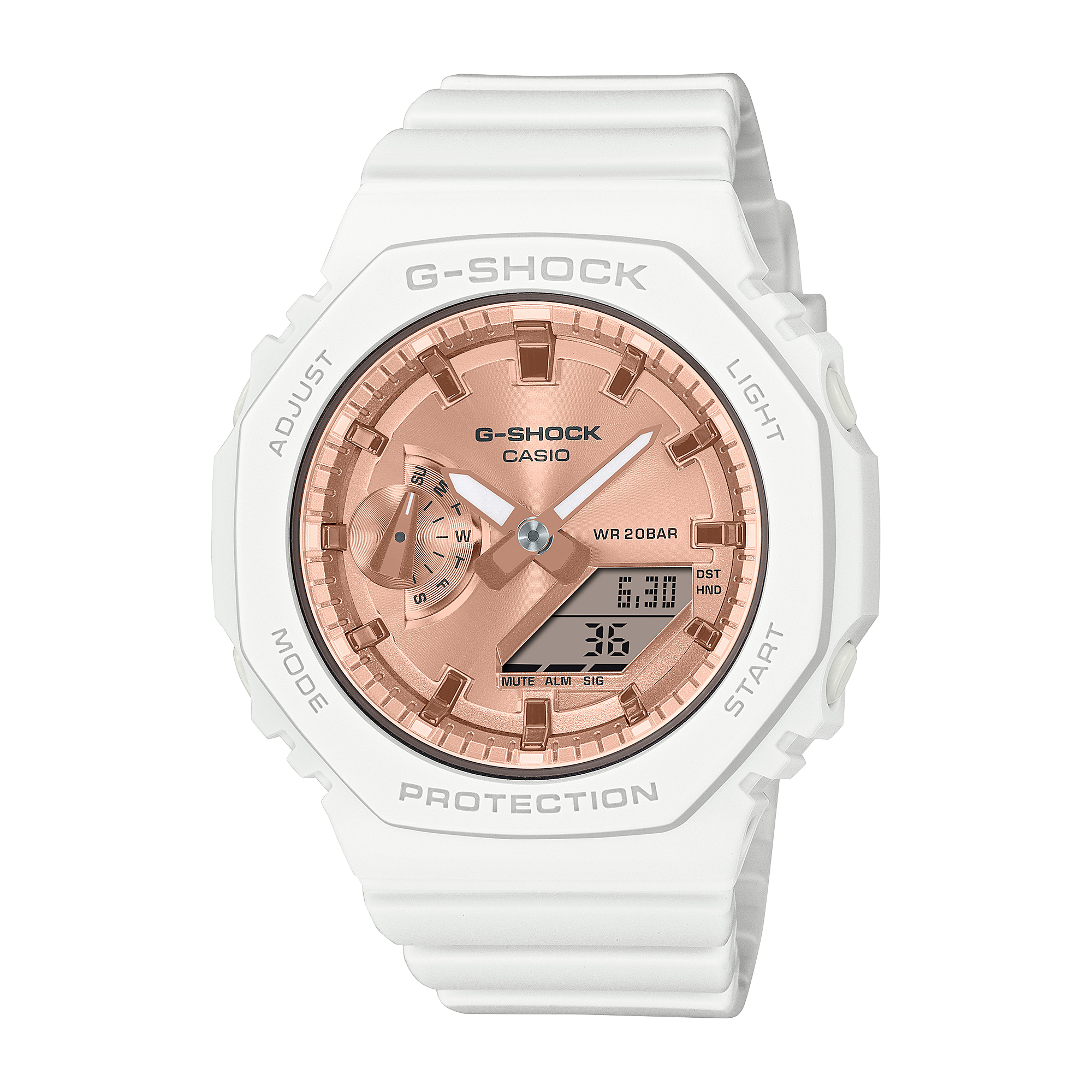 O GMA-S2100MD-7A de grandes dimensões com mostrador em ouro rosa