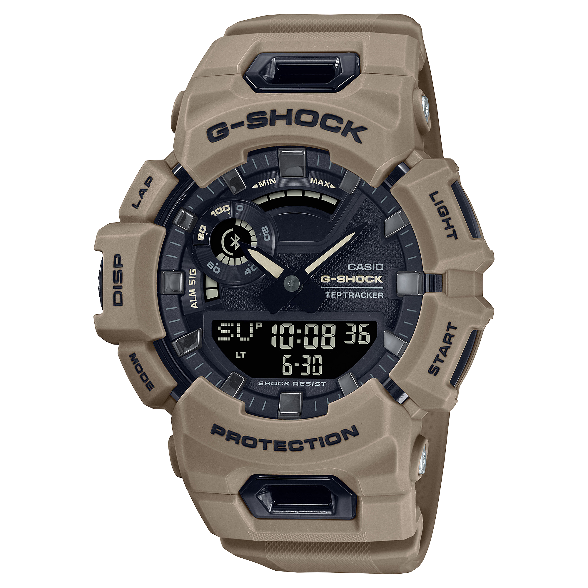 O relógio de pulso híbrido G-Shock GBA-900UU-5A com bracelete em resina castanho-acinzentada e mostrador preto