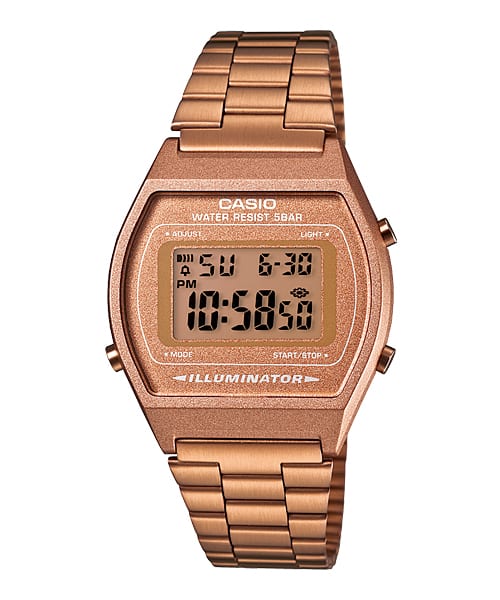 O relógio digital de pulso B640WC-5A em aço inoxidável cor de bronze rosa com um visual retro
