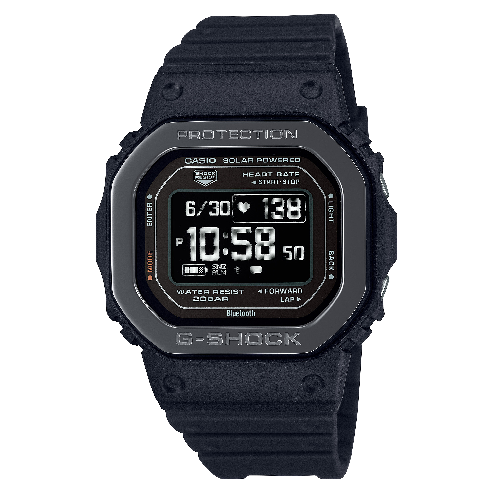 O G-Shock DW-H5600 preto da coleção G-Squad com uma caixa preta em aço inoxidável