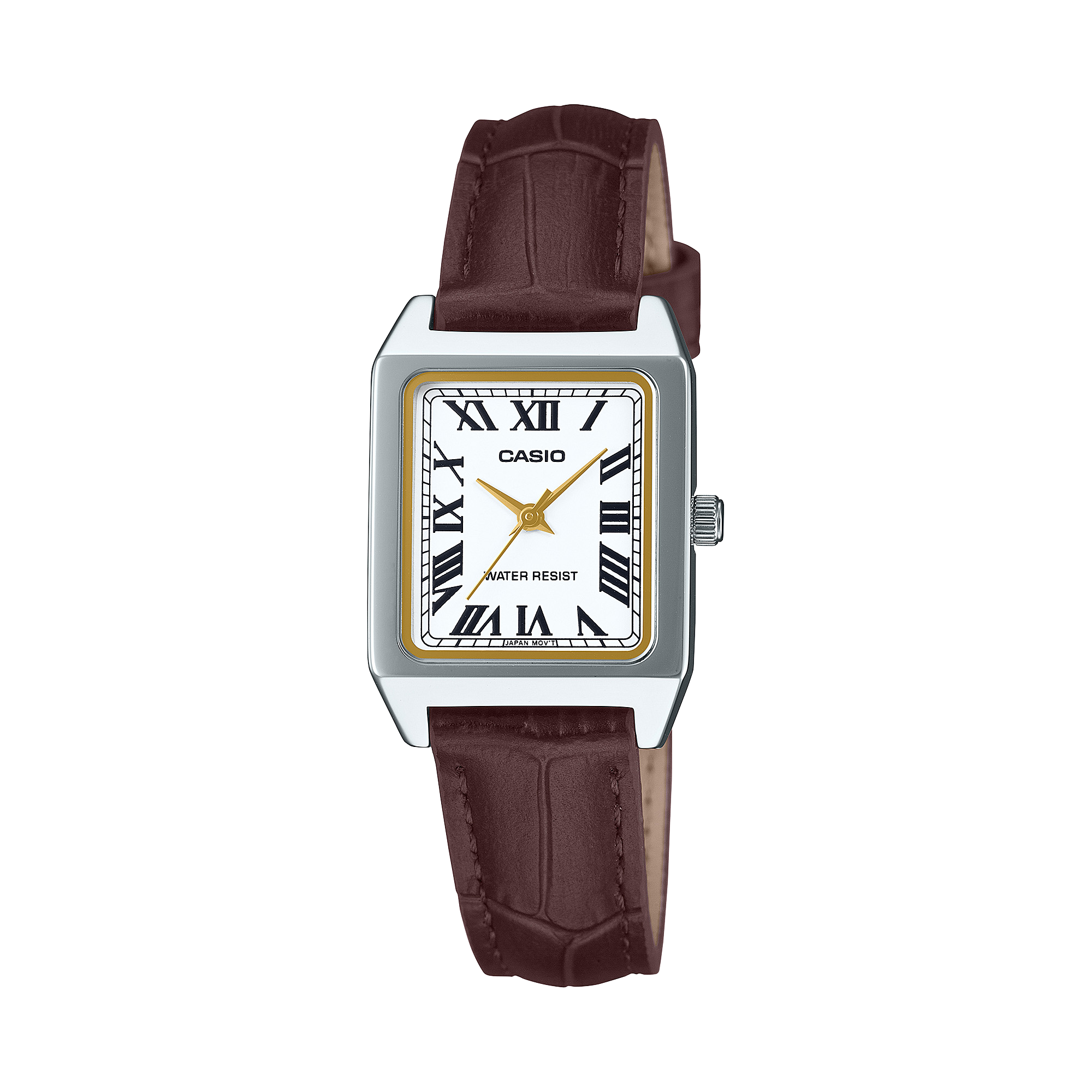 O relógio de pulso analógico LTP-B150L-7B2 com bracelete em pele castanha, caixa prateada em aço inoxidável e números romanos pretos num mostrador branco 