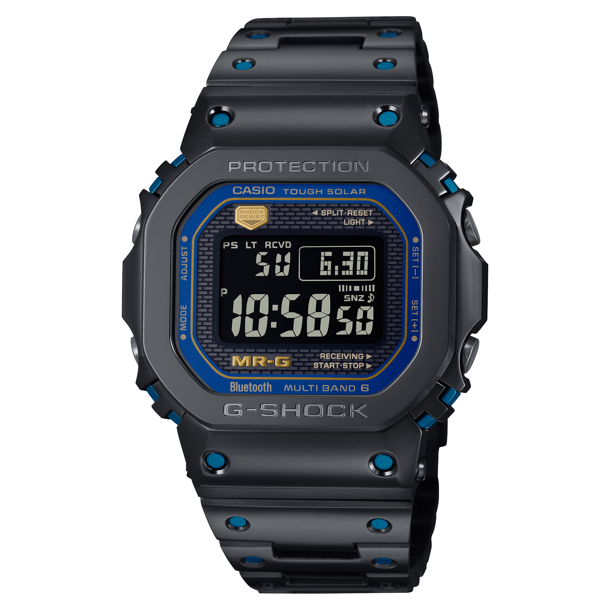 O relógio digital MRG-B5000BA-1 em azul com uma bracelete escura em titânio