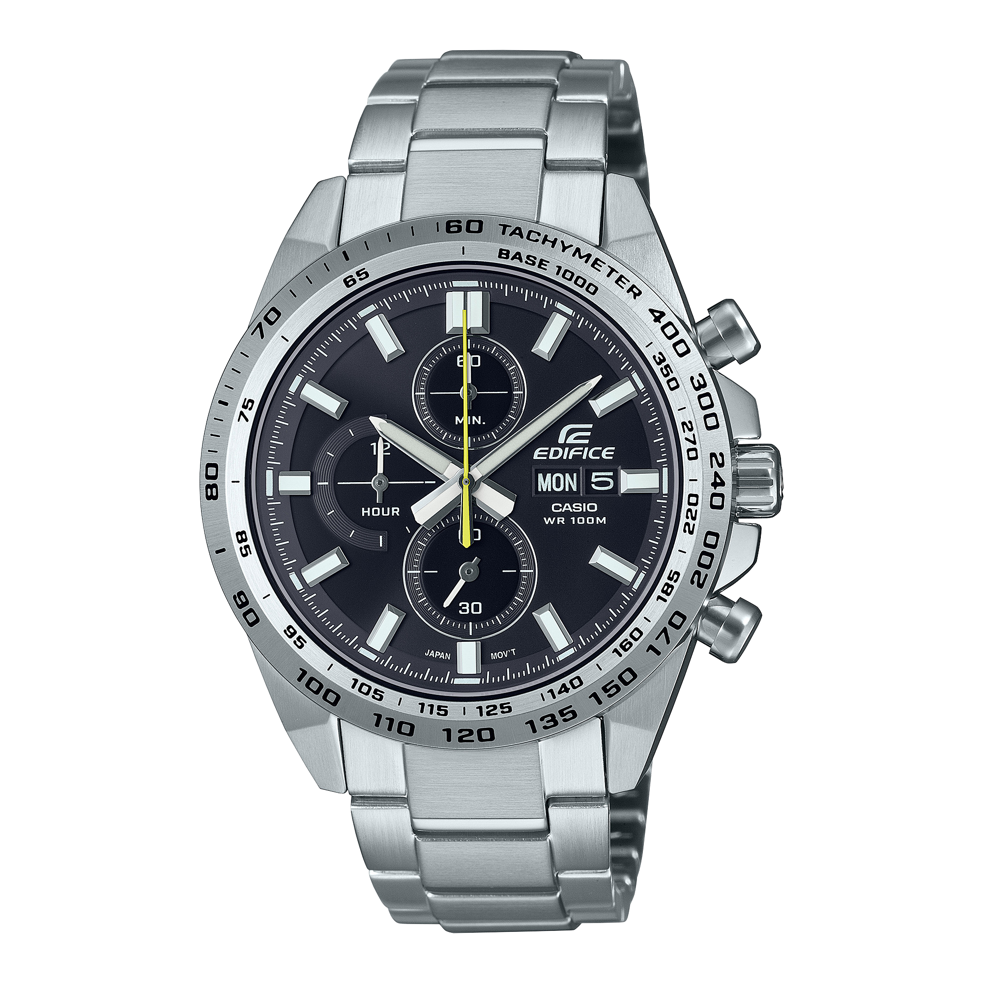 CASIO EDIFICE Uhr "EFR-574D-1AVU" mit silberfarbenem Armband und schwarzhinterlegtem, analogem Zifferblatt. Die Zeiger sowie Zeitanzeiger sind weiß. An der rechten Seiten sind drei Knöpfe zur Einstellung von Uhrzeit, Datum, Stoppuhr.