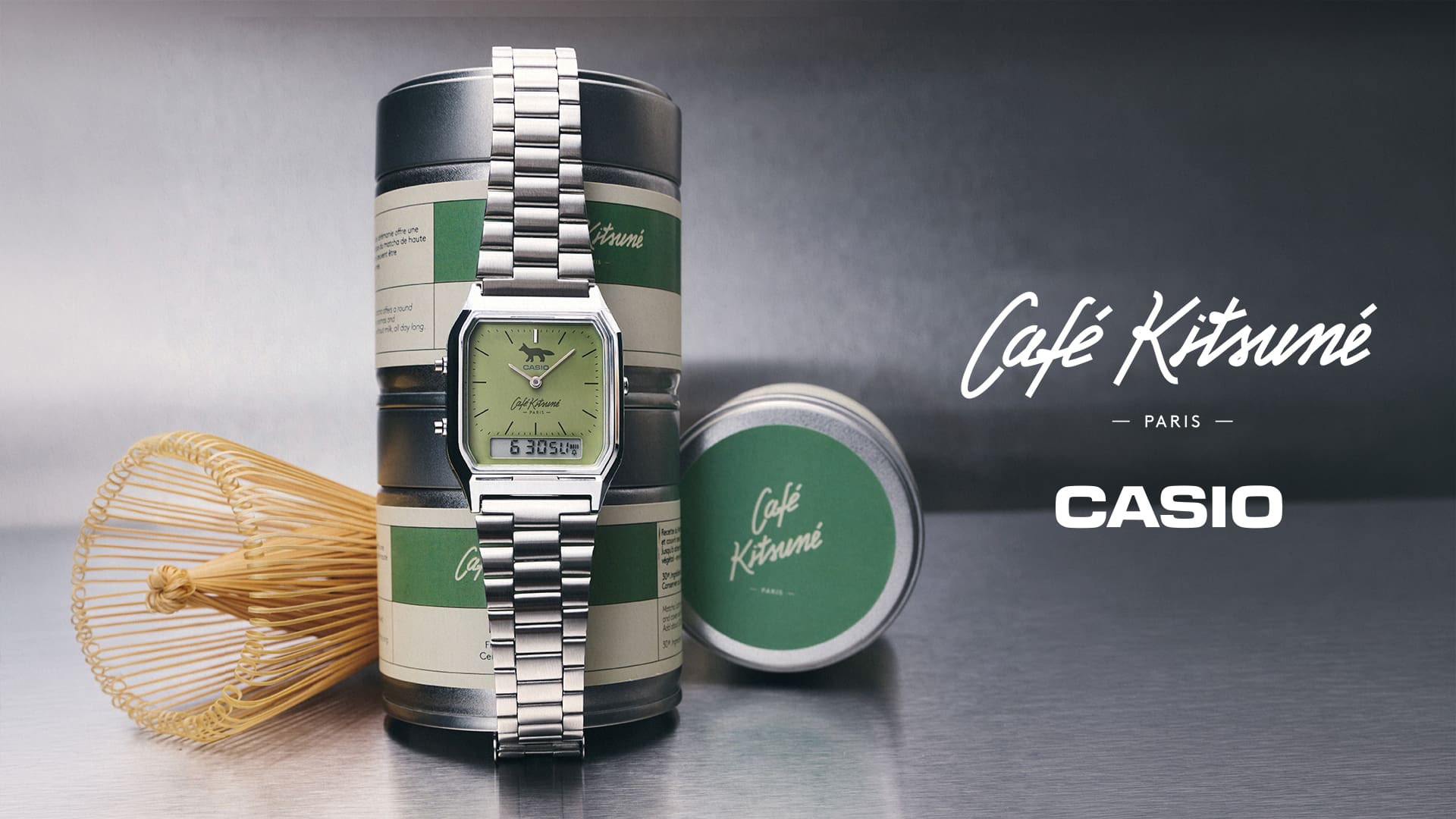 Main visual 2 of CASIO x Café Kitsuné collaboration watch AQ-230ECK-3A wrapped around a matcha canister