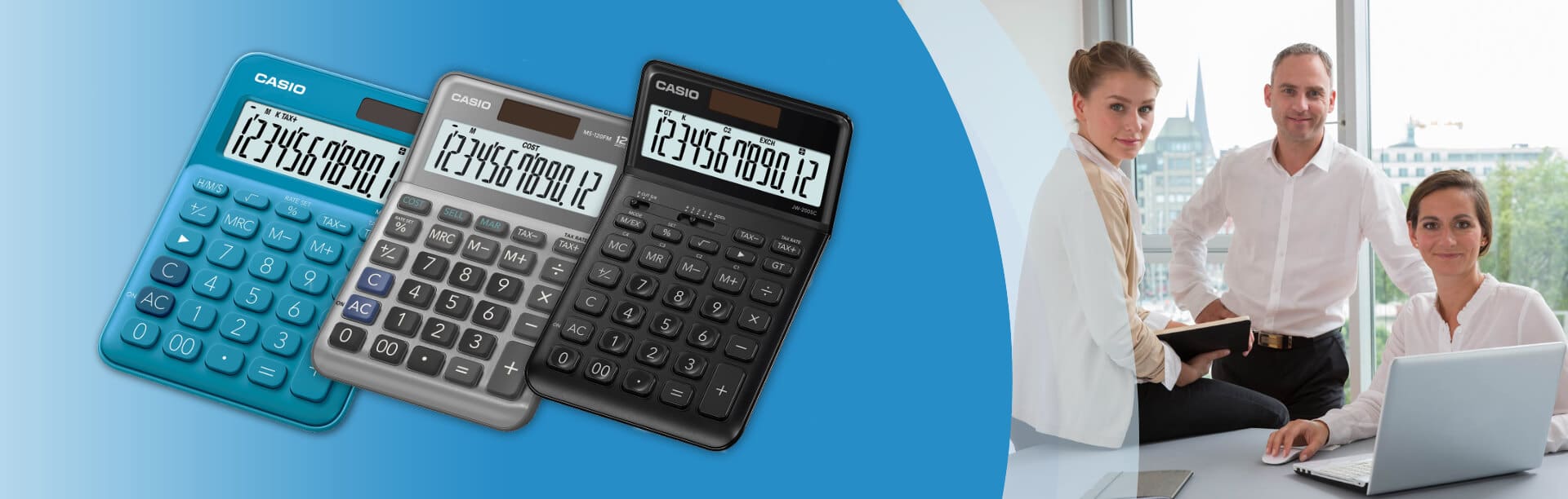 Three desk calculator models from CASIO in the foreground; in the background, you can see three people in an office.