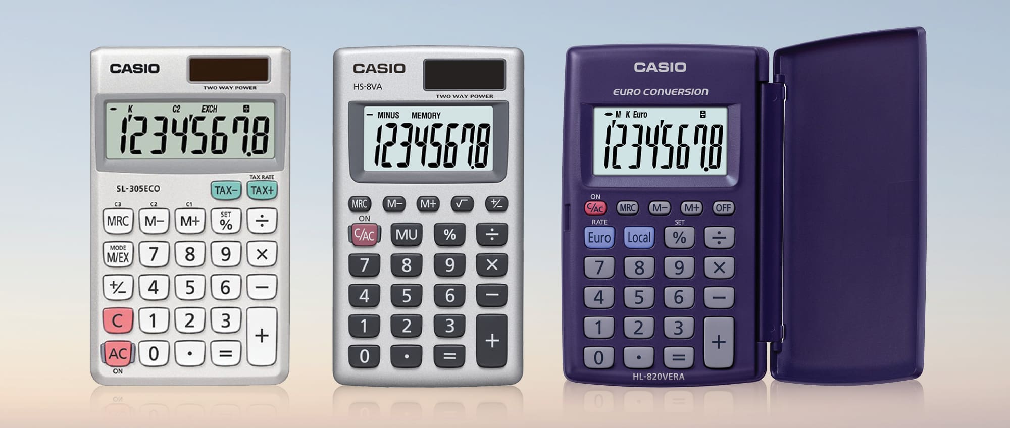 Three desk calculator models from CASIO in the foreground; in the background, you can see three people in an office.