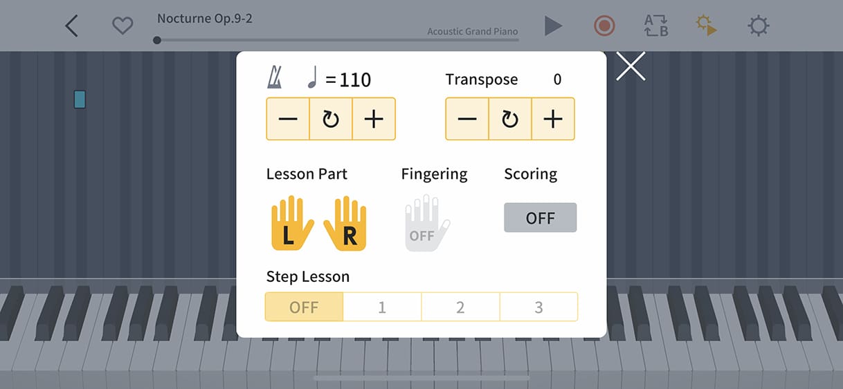Screen image pf Piano Roll, practice mode