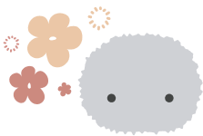 An illustration of a silver-colored Moflin and three flowers of different sizes.
