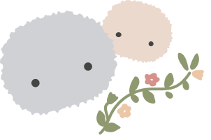 An illustration featuring silver and gold-colored Moflins and a vine with three blooming flowers.