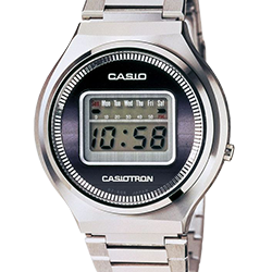 Casio Casiotron watch in silver with black bezel and digital display