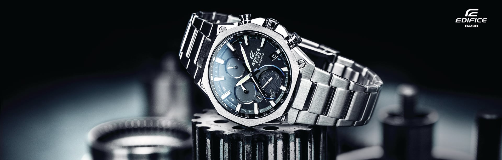 The Edifice EQB-1100DC-1A photographed on gear wheels.