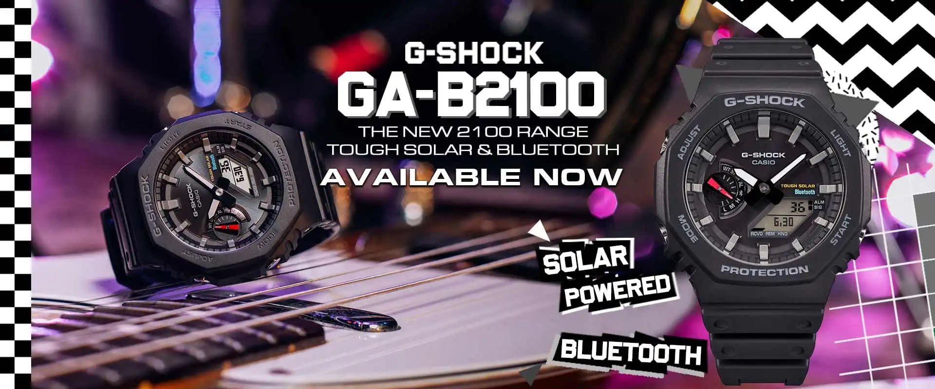 The new G-SHOCK GA-B2100 in yellow against a black patterned background