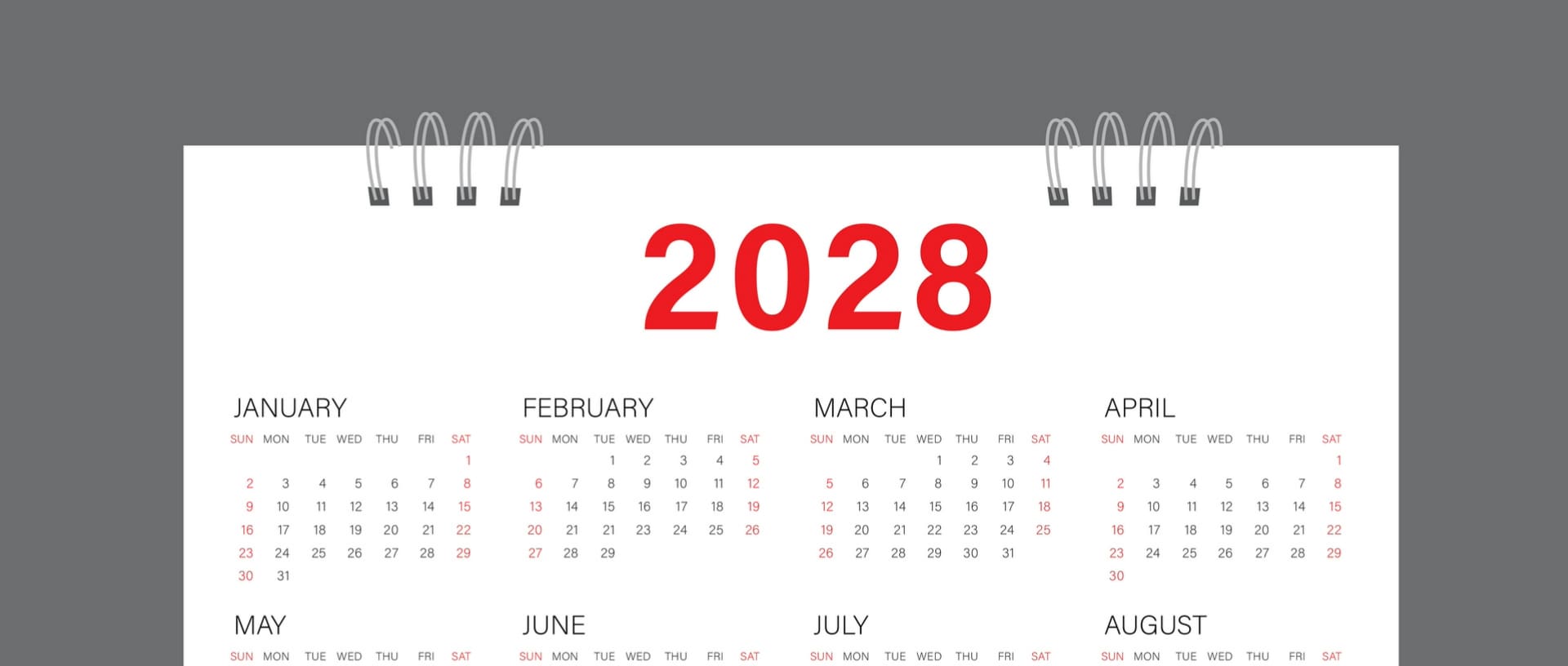 Image of a calendar from 2028