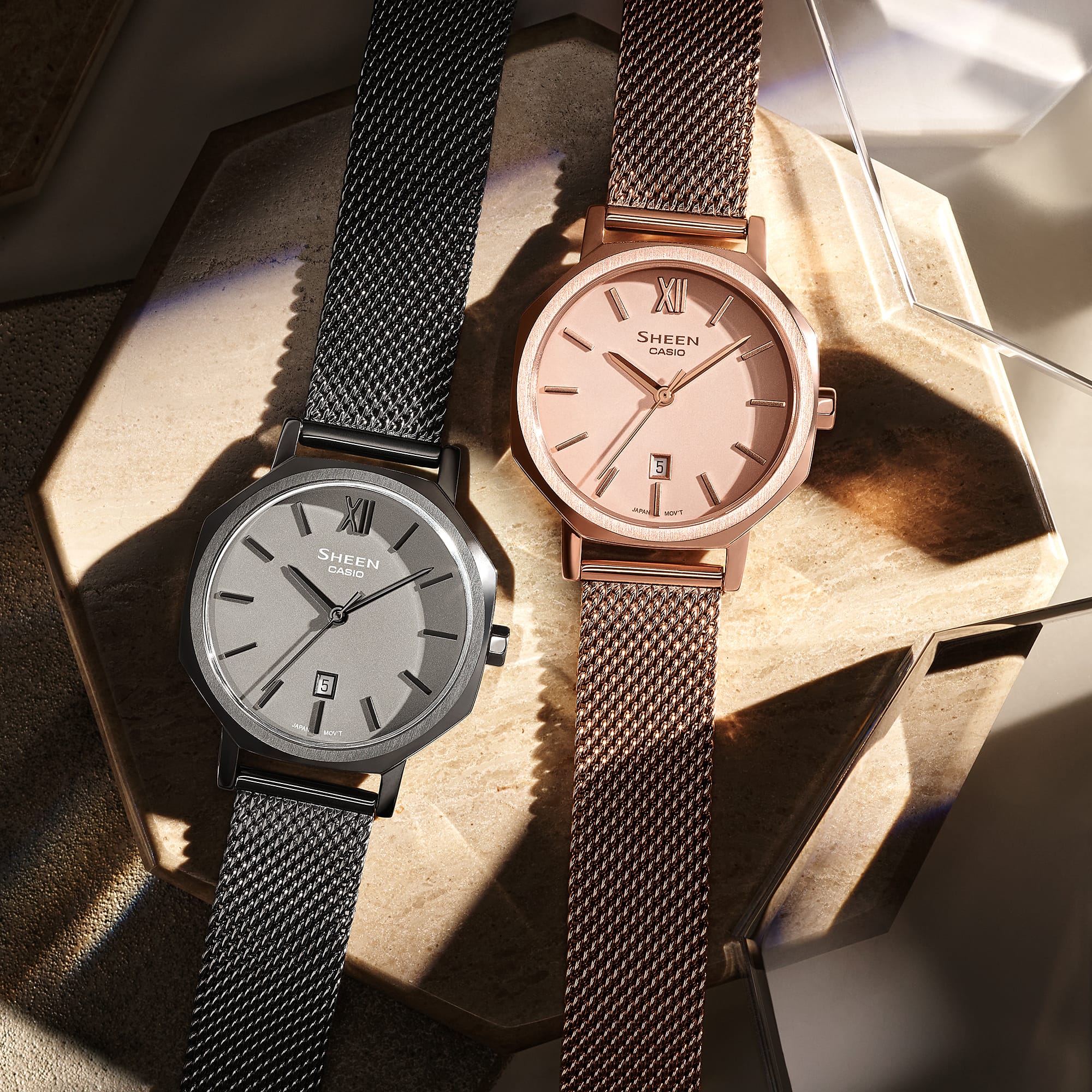 The rose gold CASIO SHE-4554PGM-4A next to the dark colour variant.