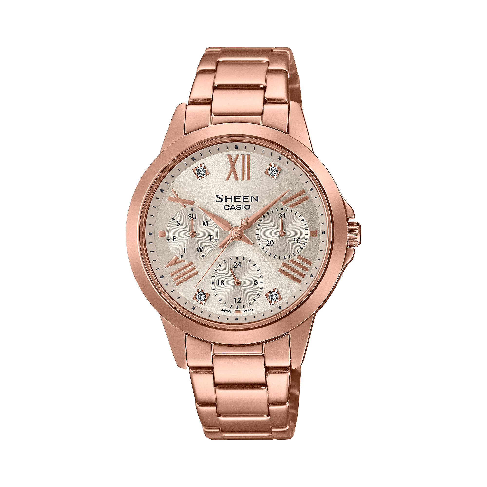 The rose gold SHE-3516PG-9A with a white dial on a light-coloured background.