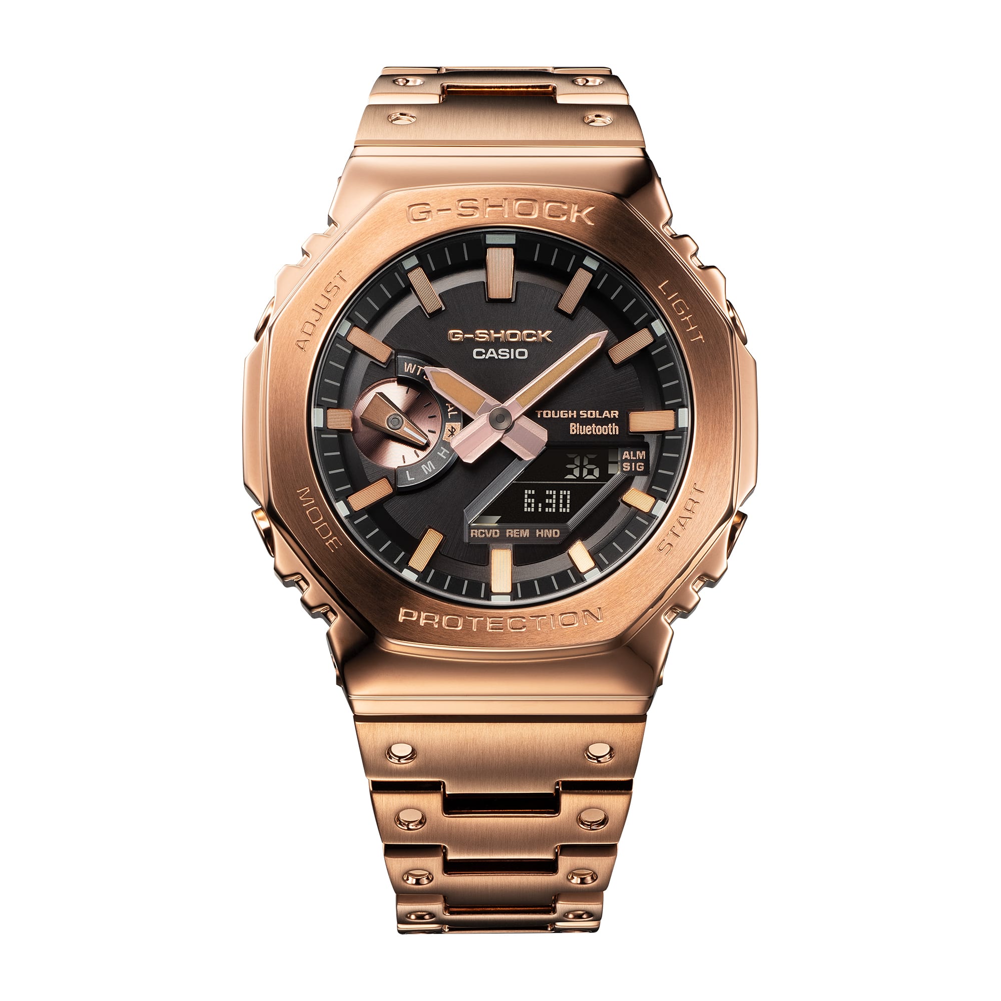 The rose gold GM-B2100GD-5A with a black dial on a white background.