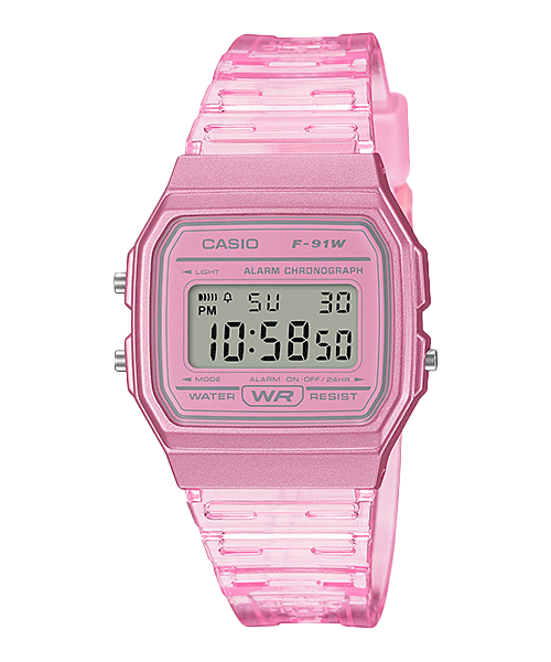 The Casio Collection watch "F-91WS-4" with pink transparent strap and digital display