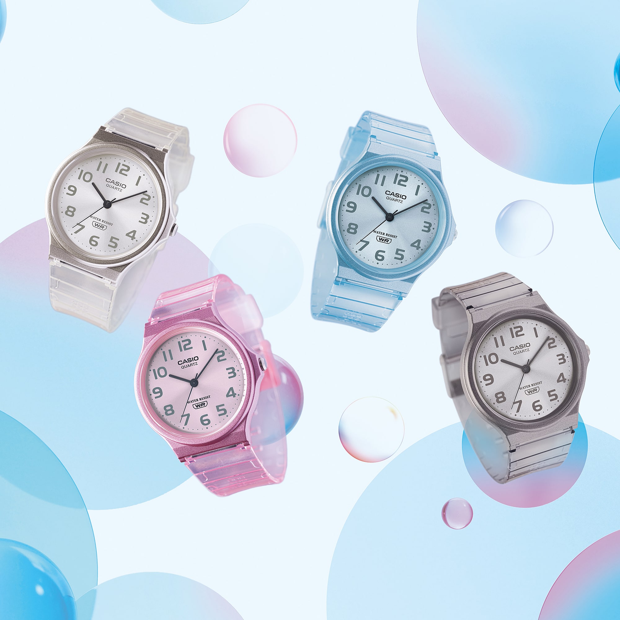 The analogue collection from the CASIO Timeless Collection "MQ-24S" with analogue display and transparent strap
