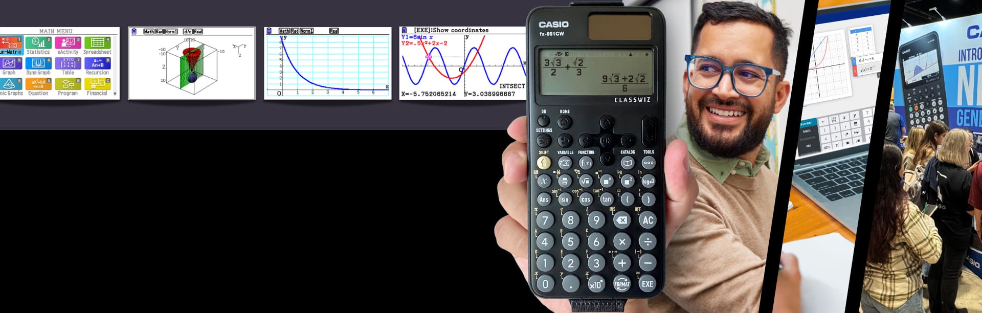 Hand holding a Casio calculator with screen examples
