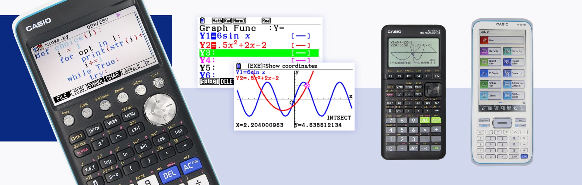Banner image depicting graphing calculators by Casio and graphed functions
