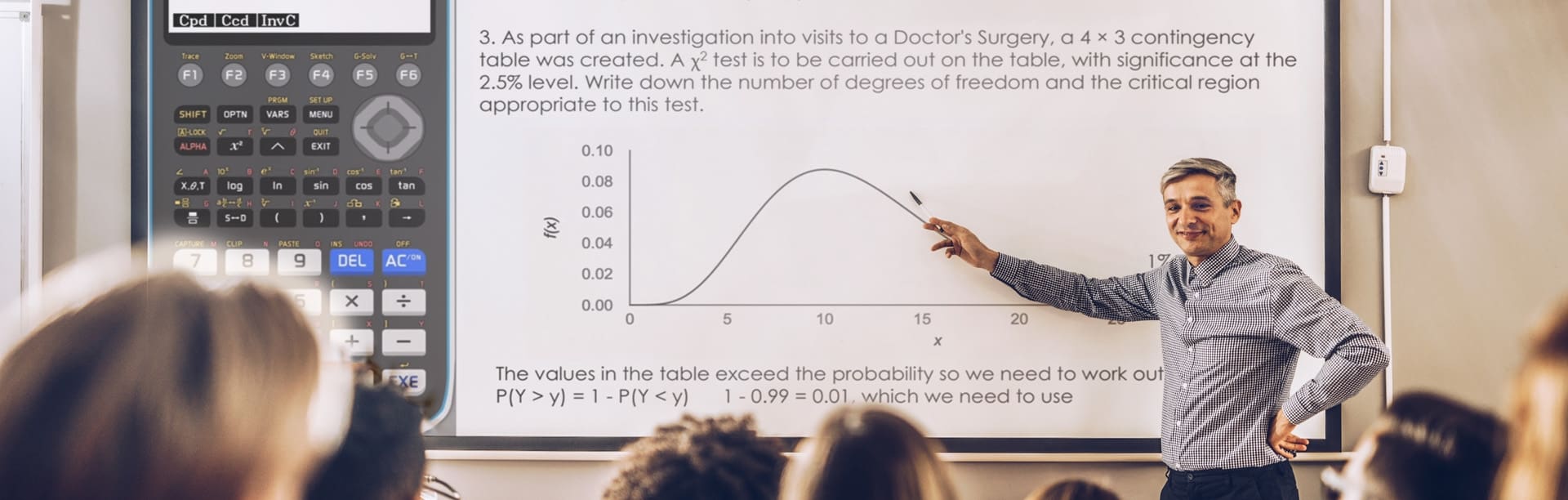Professor in from of classroom discussing a graph on whiteboard