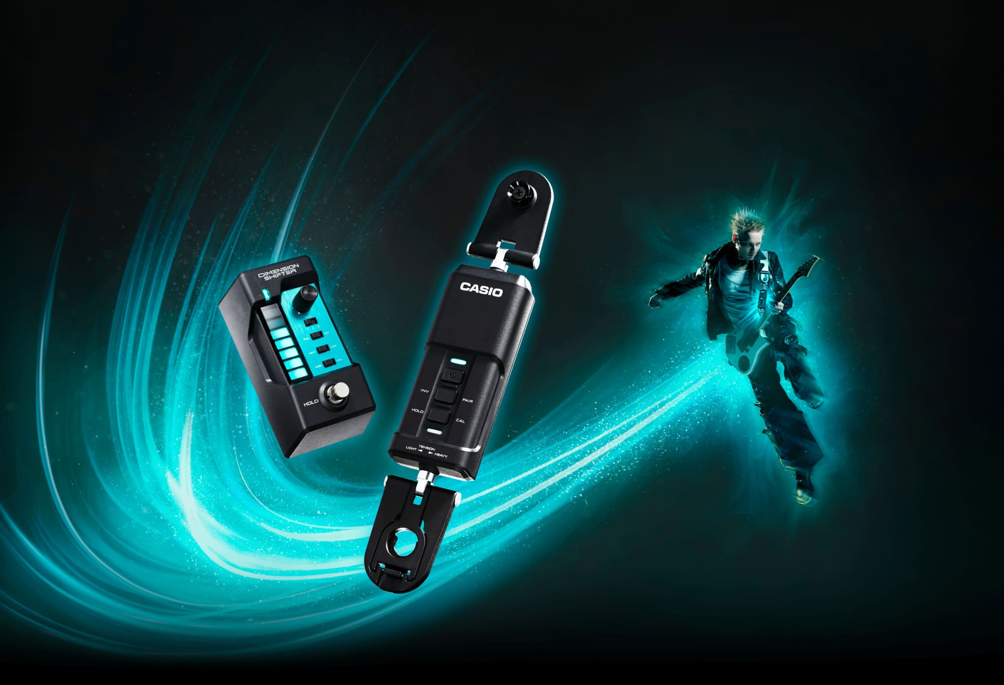 Main visual for DIMENSION SHIFTER. The product is centered, with a male guitarist on the right.