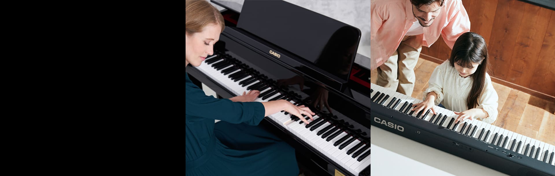 Casio Music keyboards and pianos being played in various settings