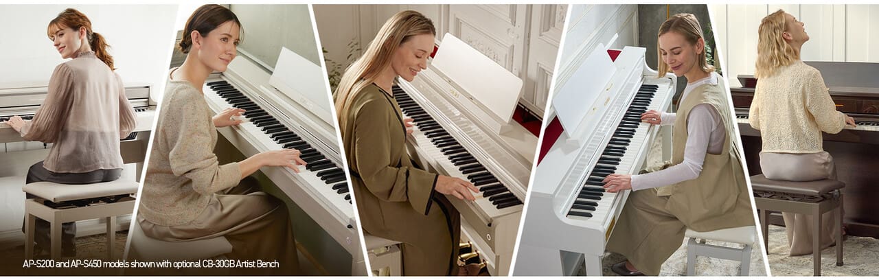 Celviano New Finishes AP-S200 and AP-S450 models shown with optional CB30GB Artist Bench