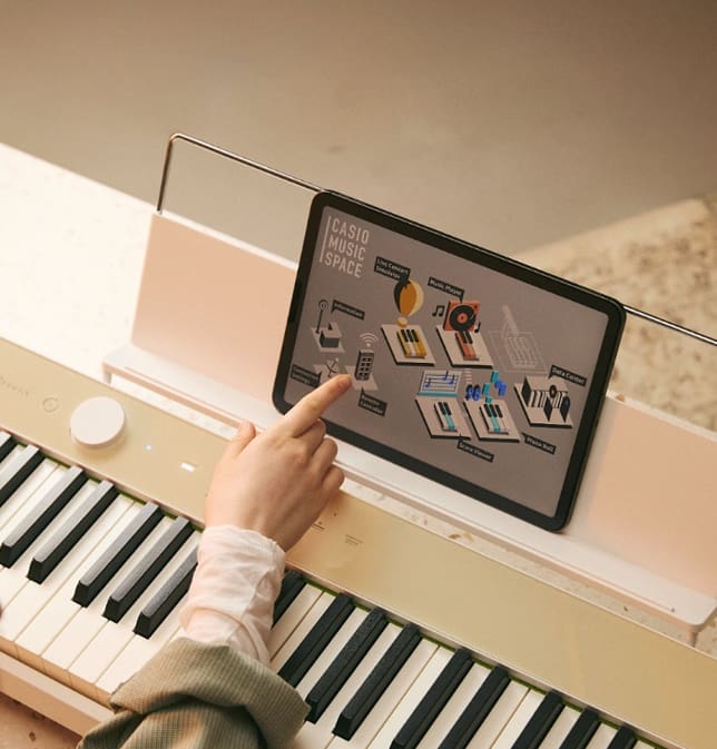 An Image of a person playing a Mellow Beige colored piano