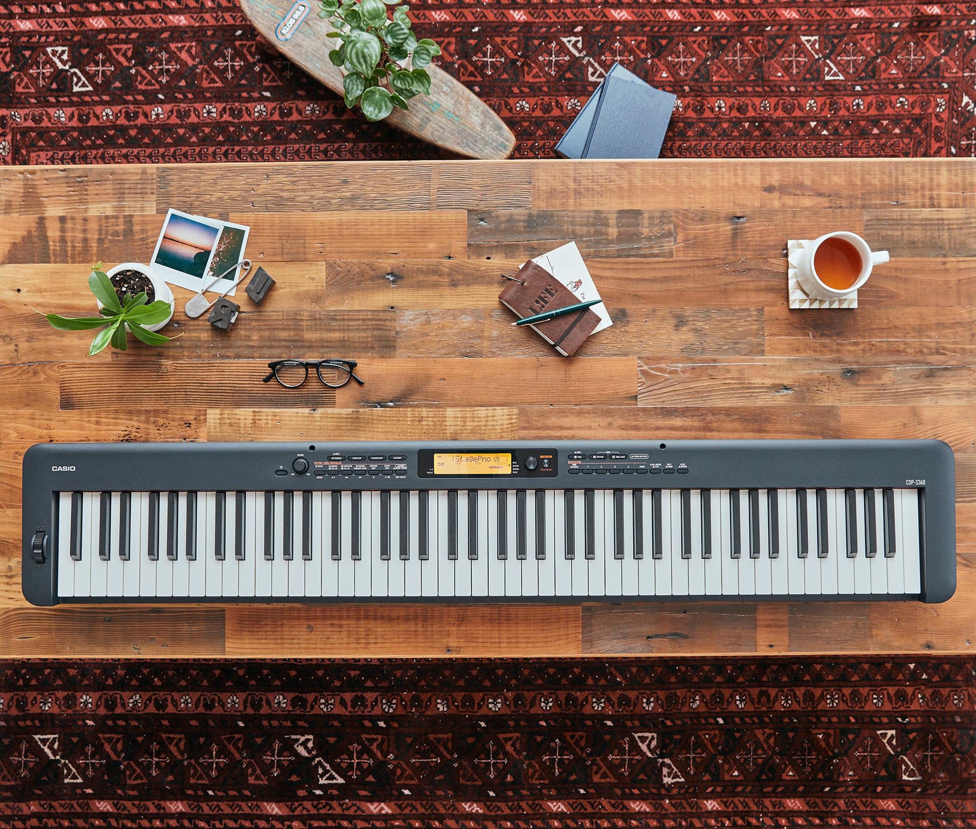 Overhead view of the CDP-S360BK stage piano on a table.