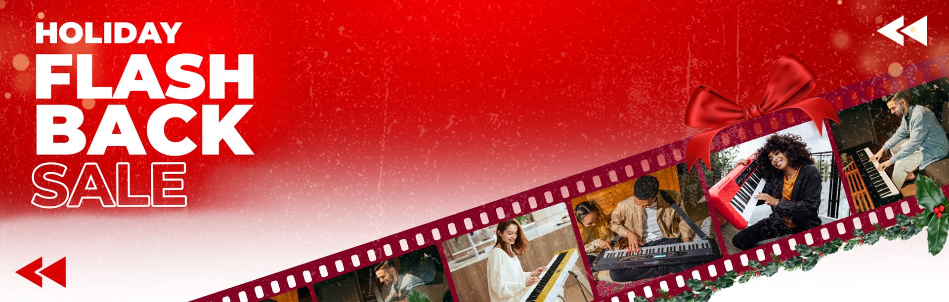 Holiday Flashback Sale Casio Holiday banner with film strip of electronic instruments denoting piano keyboards for sale