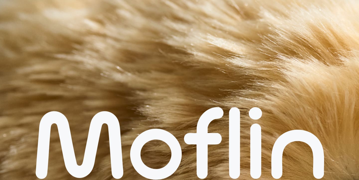Moflin logo amidst close-up of AI robot companion
