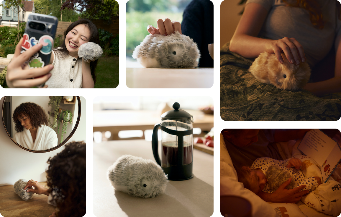 Pastiche of the Moflin AI companion in daily life