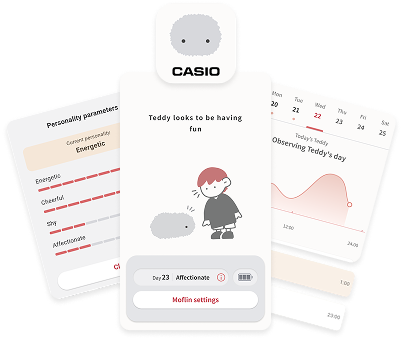 Pastiche of screenshots from MofLife app denoting intricacy of interaction with Moflin robot companion