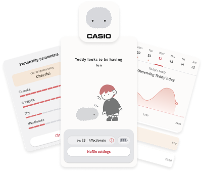Pastiche of screenshots from MofLife app denoting intricacy of interaction with Moflin robot companion