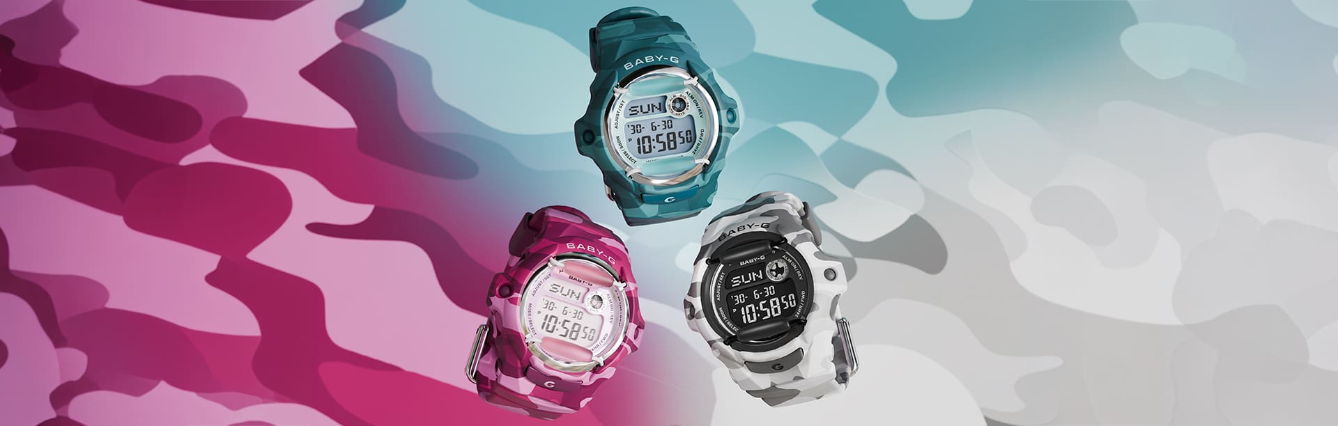 Baby-G BG-169CM-2, BG-169CM-4, BG-169CMB-8 Color Camo watches